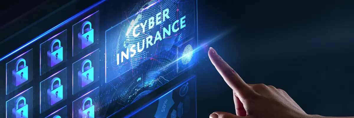 a female hand moving to touch a blue screen with locks and text of Cyber Insurance